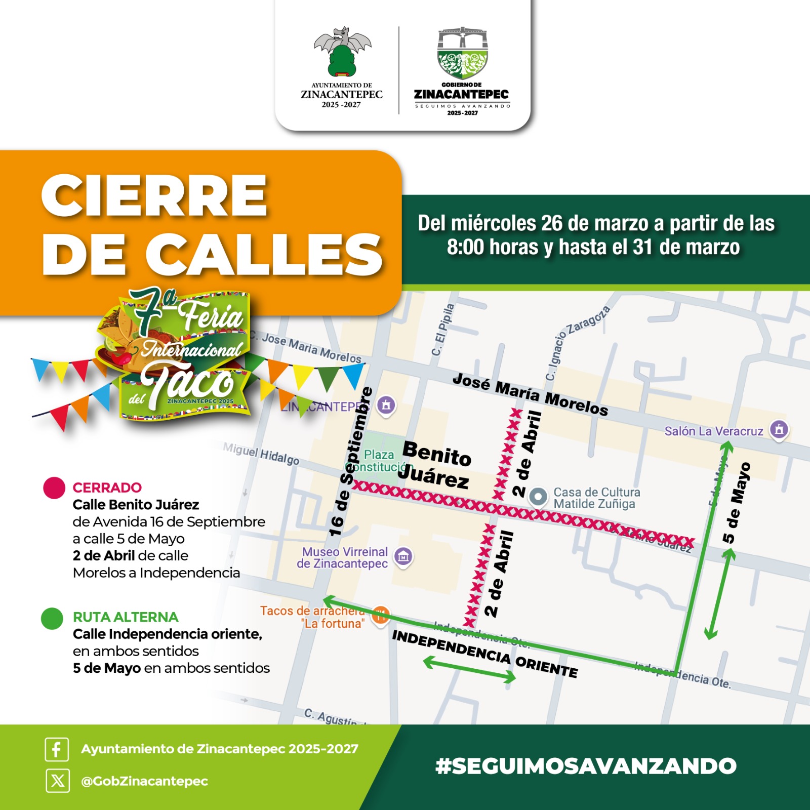 Cierre parcial de vialidades en Zinacantepec por la Feria Internacional del Taco 2025